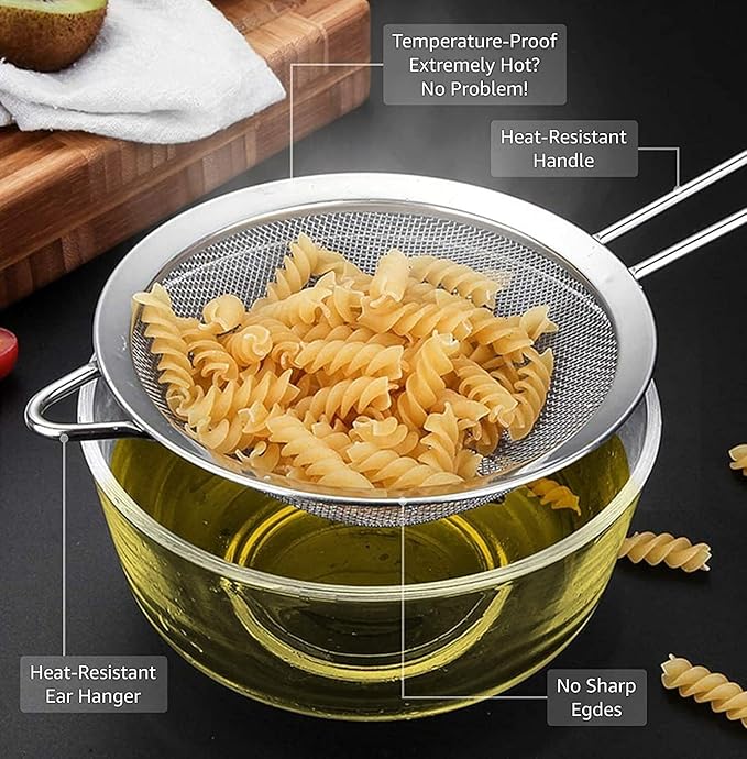 ELEEN Premium Stainless Steel Fine Mesh Strainers for Kitchen 3-Piece Set with Non-Slip Handle, Small, Medium & Large Sieves, Colanders and Sifter for Sifting, Straining, Pastas Tea, Rice Vegetables