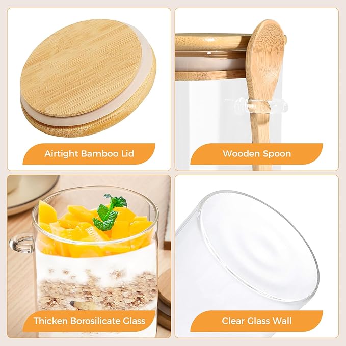 Glass Storage Containers 25oz/ 33oz/ 44oz with Bamboo Lids and Spoons, Glass Food Storage Jar with Lids, Kitchen Canisters Pantry Organizers for Cookie Tea Coffee Bean Overnight Oats (Set of 3)