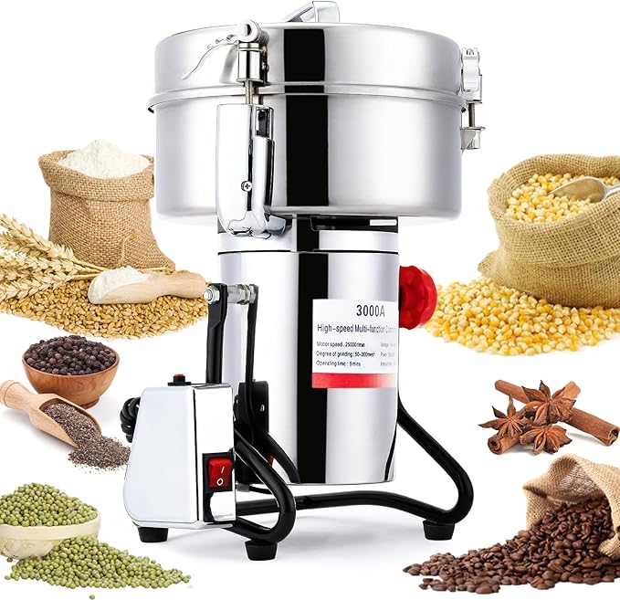 Electric Grain Mill Grinder 3000g Stainless Steel Pulverizer 36000r/min High-speed Grain Mill 4000W Dry Material Grinding Machine 270° swingable Superfine powder for Home and Commercial