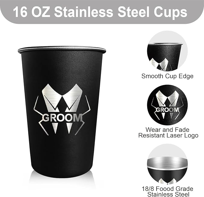 PartyGifts&beyond Groomsmen Gifts 7Pcs Groom Cups 16 Oz Groom Squad Cups for Bachelor Party Favors Stainless Steel Groomsmen Tumbler(LJ-Bold)