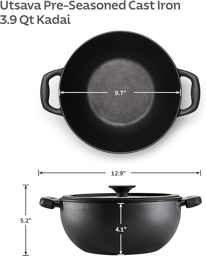 Tramontina Utsava 3.9-Quart Pre-Seasoned Cast Iron Kadai with Lid, Kadhai Pot for Indian Cooking