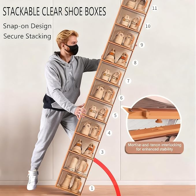 Foldable Shoe Rack Organizer for Closet, 18 Pack Stackable Shoe Storage Cabinet with Clear Door, Collapsible Shoe Organizer Box Display with Stackable System for Entryway