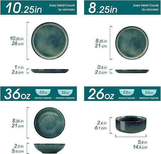 vancasso Starry Plates and Bowls Sets for 6, 24 Pieces Dinnerware Sets, Green Reactive Glaze Dishes Sets for Kitchen, Scratch Resistant Stoneware Dishes Set, Dishwasher and Microwave Safe