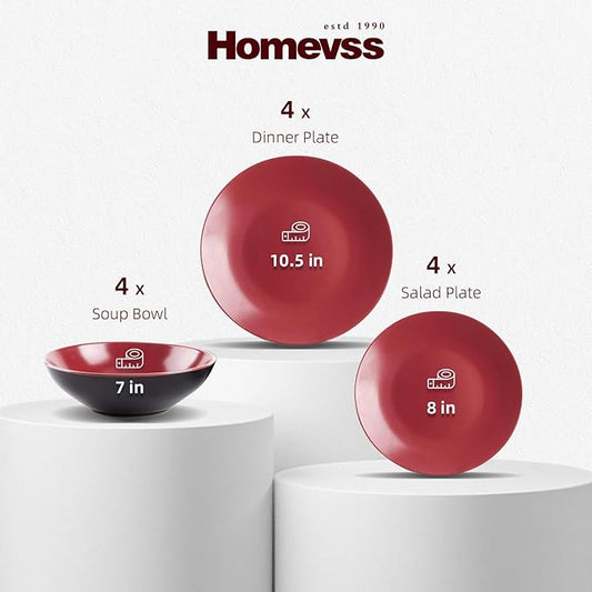 Colors Life 12pc Dinnerware Set, Shiny Black and Matte Berry