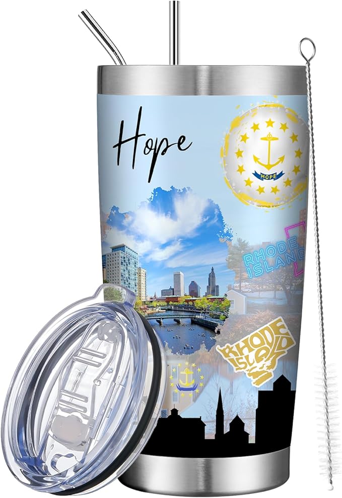 20oz Insulated Tumbler Rhode Island State Coffee Mug, United States Map Travel Mug Landmark, Birthday Gifts Cute Custom Tumbler Cups with Lid and Straw Gifts for Mom