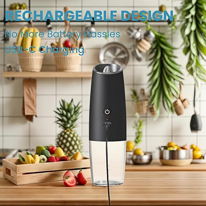 Gravity Electric Salt and Pepper Grinder Set,USB-C Rechargeable, No Battery Needed,One-Touch Automatic Shakers, Adjustable Coarseness, Kitchen Utensils for Dining Cooking(Black，2 Pack)