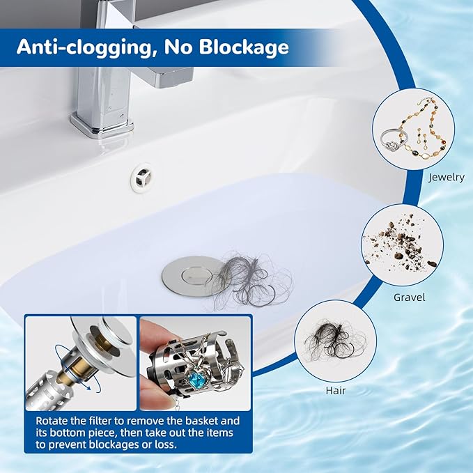 Hibbent Upgraded 3 in 1 Bathroom Sink Drain Strainer, Universal Pop Up Stopper with Removable Stainless Steel Filter Basket Hair Catcher, Sink Plug for 1.1''~2.36'' Basin, Brass Bullet Core, Chrome