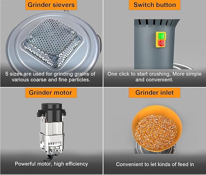 25L Electric Grain Mill, Corn Grinder, Home Farm Wheat Mill, Dry Cereal Grinder With Detachable 6.6 Gal Bucket & Hopper, 5 Sieves + 2 Wrenches