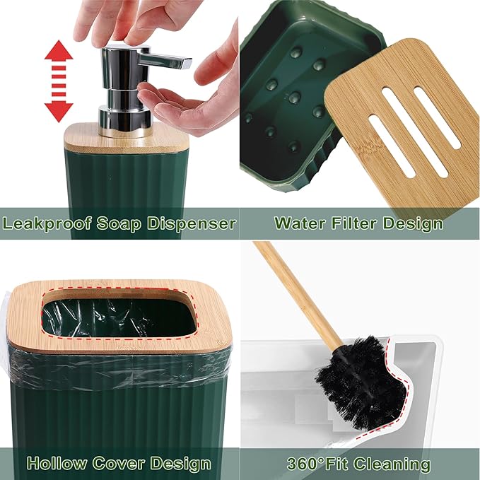 Dark Green Bathroom Accessories Set with Ombre Shower Curtain and Bathroom Rugs,Bathroom Sets with Trash Can,Toothbrush Holder and Cup,Soap Dispenser,Tray,Soap Dish,Toilet Brush,Qtip Holders