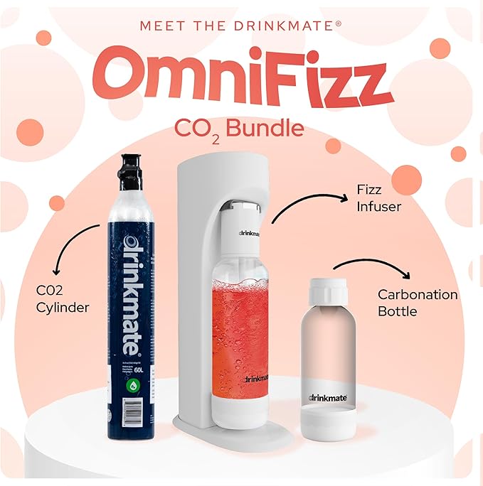 Drinkmate OmniFizz Sparkling Beverage Maker CO2 Bundle - Sparkling Water/Soda Streaming Machine That Carbonates Any Drink - Includes 1 CO2 Cylinder, 1 Carbonation Bottle, 1 Fizz Infuser Classic White
