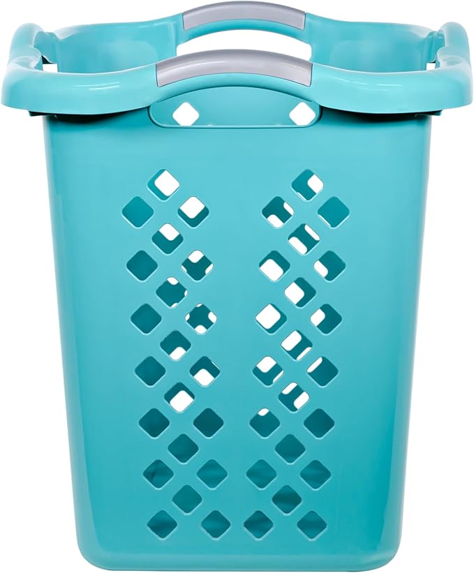 2 Pack Ultra Easy Carry Plastic Laundry Hamper, 2 Bushel Laundry Basket with Silver Handles for Home, Apartment, or Dorm Room, Blue