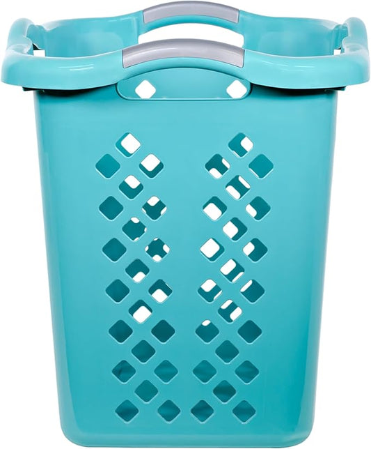 2 Pack Ultra Easy Carry Plastic Laundry Hamper, 2 Bushel Laundry Basket with Silver Handles for Home, Apartment, or Dorm Room, Blue
