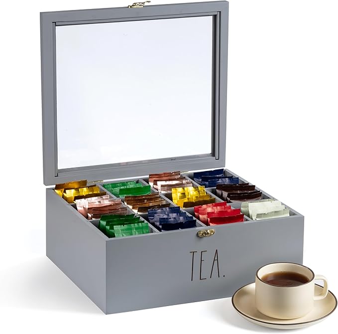 Rae Dunn Tea Bag Organizer - Tea Box Divided Storage Container Box with Hinge Lid for Kitchen Cabinet, Countertop, Pantry, Hold Coffee Pods, Seasoning Packets, Condiments, Grey