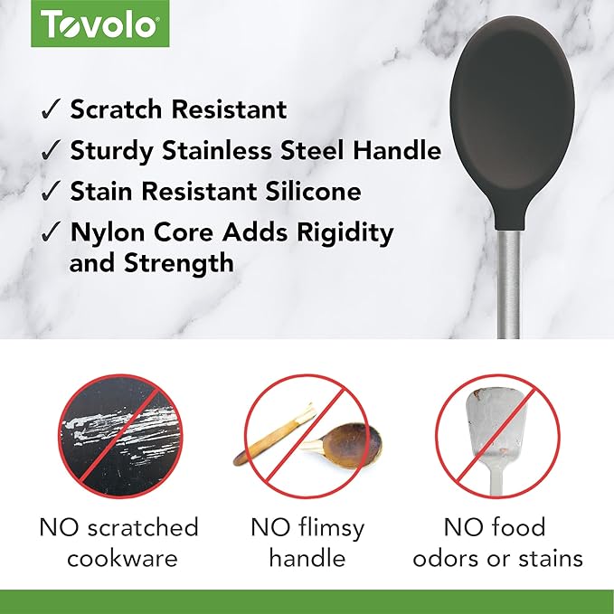 Tovolo Mixing Spoon Stainless Steel Handle Scratch Resistant Non Stick Safe Kitchen Utensil for Cooking Baking Serving Stirring, Heat Resistant Silicone Stirring Spoon with Metal Handle Charcoal Gray