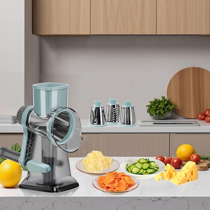 Cheese Grater with Handle,Multifunctional Rotary Cheese Grater,Kitchen Cheese Shredder Can Easily Chop Vegetables,Potatoes,Carrots,Etc.The Suction Cup is Stable and Easy to Clean (blue)