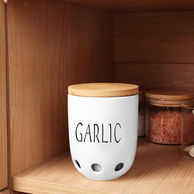 HAOTOP Ceramic Garlic Keeper for Counter, Garlic Saver Container with Wood Lid, Garlic Keeper for Kitchen, Garlic Holder to Keep Your Garlic Cloves Fresh Longer (White)
