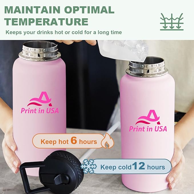Personalized Custom Print in USA Water Bottle 75Pcs 32oz Stainless Steel Double Wall Coffee Cup with Lid & Straw Insulated Tumbler with Colorful Text Logo Photo