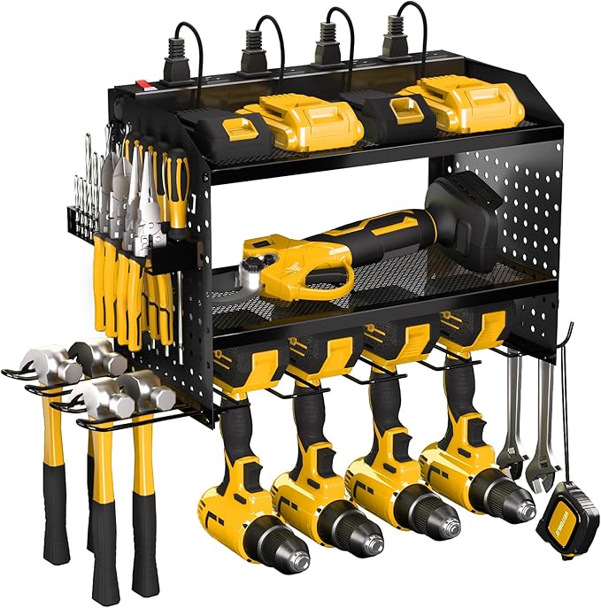 Veitorld Power Tool Organizer Wall Mount with Charging Station, 4 Drill Holder Heavy Duty Cordless Tool Storage Rack, Metal Garage Organizers and Storage, Christmas Birthday Gifts for Men Dad Him