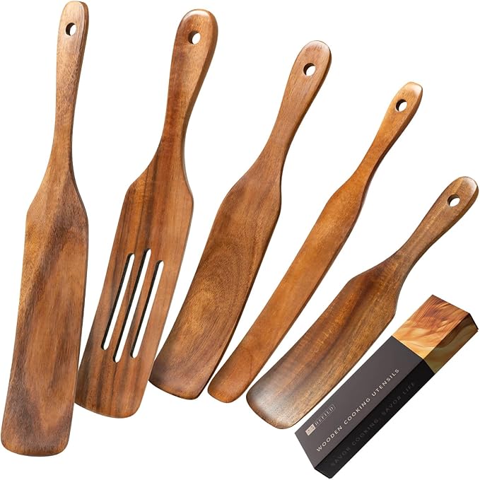 Wooden Spatulas for Cooking Set of 5, Teak Spatula Set with Ergonomic Handles, Nonstick Safe Wooden Spoons for Cooking, Durable Wood Utensil Set for Kitchen, Smooth Handcrafted Wood Spatula