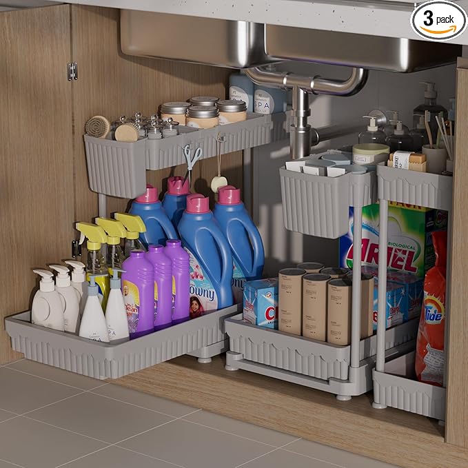 3 Pack Multi-Purpose Under Sink Organizers and Storage, 2025 L-Shaped Pull Out Cabinet Organizer for Bathroom & Kitchen, Under Cabinet Organizer with Hooks Hanging Cup, Grey