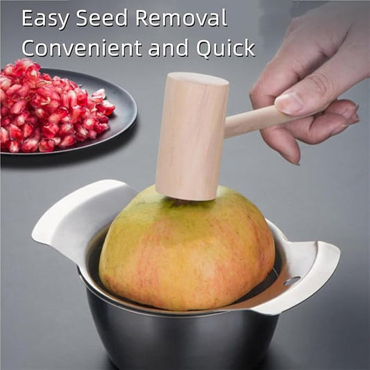 304 Stainless Steel Pomegranate Peeling Tool, Pomegranate Deseeder, Pomegranate Deseeder Tool, Includes Cutter, Bowl, And Wooden Hammer for Easy Deseeding, for Home Kitchen (2PCS)