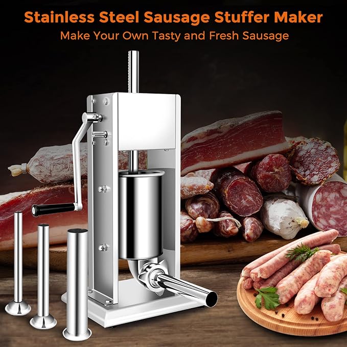 YBSVO 7 lb. Stainless Steel Vertical Manual Sausage Stuffer with 5/8", 7/8", 1 1/4", and 1 1/2" Stainless Steel Funnels