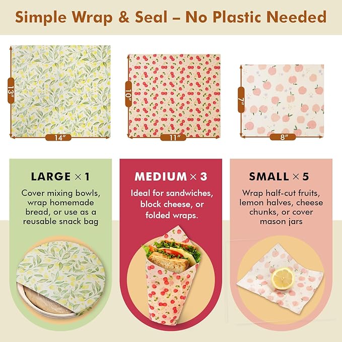 Beeswax Wraps for Food, 9 Pack Reusable Bees Wax Wraps, Zero Waste, Food Storage Beeswax Paper, Sustainable Wax Paper(1XL+3M+5S) Food Wrap, Sandwich Wrap & Bowl Covers