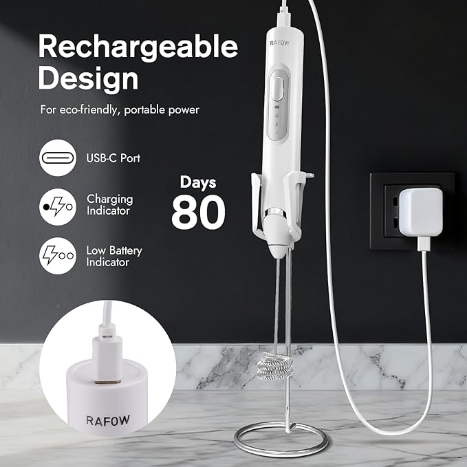 RAFOW Handheld Electric Milk Frother: Rechargeable Frother Wand with Stand, 3 Speeds & Detachable Double Whisk Drink Mixer, Froth Stirrer for Latte, Cappuccino, Cream, Matcha, Dalgona Coffee - White