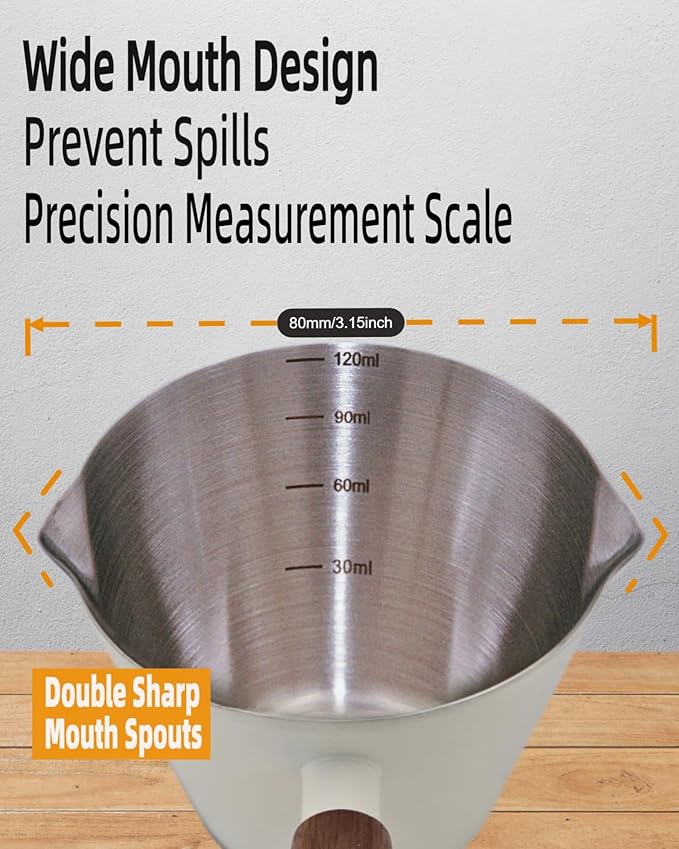 Espresso Cups - 4OZ Espresso Shot Cup with Wooden Handle -Measuring Cup with Double Spouts - Coffee Bar Accessories, White