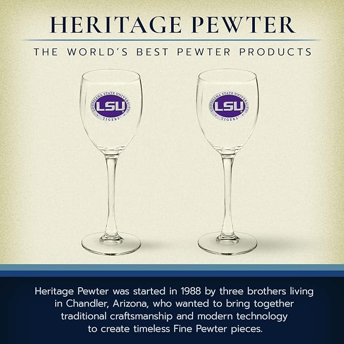 Heritage Pewter LSU Tigers Glass Goblets – Set of 2 | 12 OZ Goblet Wine Glasses | Expertly Crafted Pewter Glass