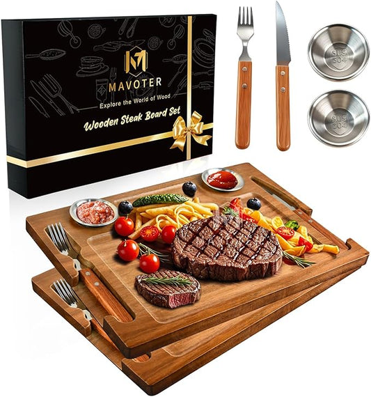 Acacia Wooden Steak Plates Board for Eating Set of 2,15.7" Meat Cutting Boards for Steak Food Serving Tray with Fork, Knife & Ramekins,Charcuterie Platter for Kitchen, BBQ & Entertaining