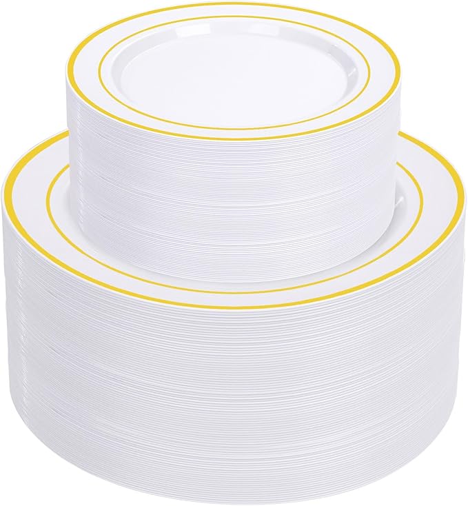 Supernal 102pcs White and Gold Plastic Plates Disaposable Party Plates White Gold Rim Heavy duty, Fancy Gold Plastic Dinnerware Set included 51 Dinner & Dessert Plates for Party,Birthday and Wedding