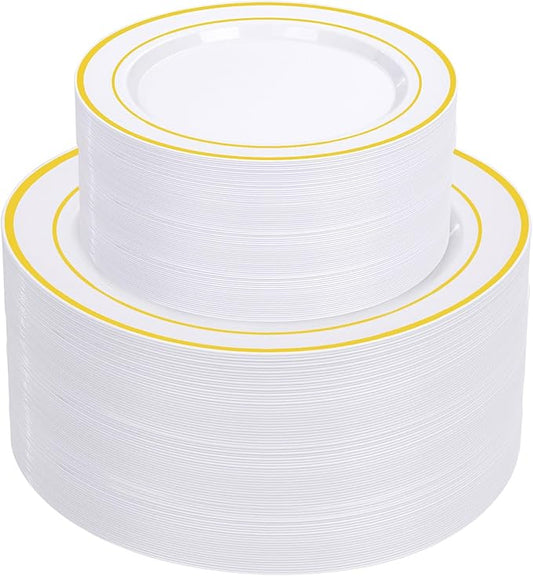Supernal 102pcs White and Gold Plastic Plates Disaposable Party Plates White Gold Rim Heavy duty, Fancy Gold Plastic Dinnerware Set included 51 Dinner & Dessert Plates for Party,Birthday and Wedding