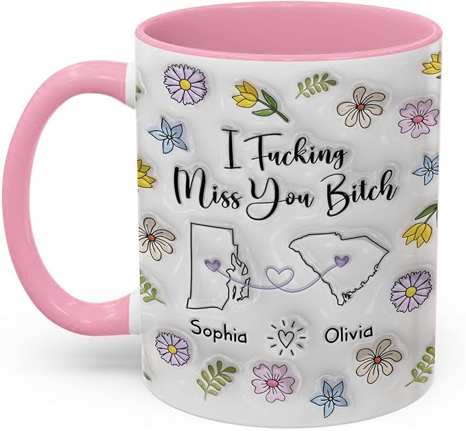 Personalized Long Distance Mug, Custom State To State Funny Mug With Name, Floral Decorations Mugs, Funny Mug Gifts For Sister Friends Couples, Gifts For Mommy Daddy From Son Daughter