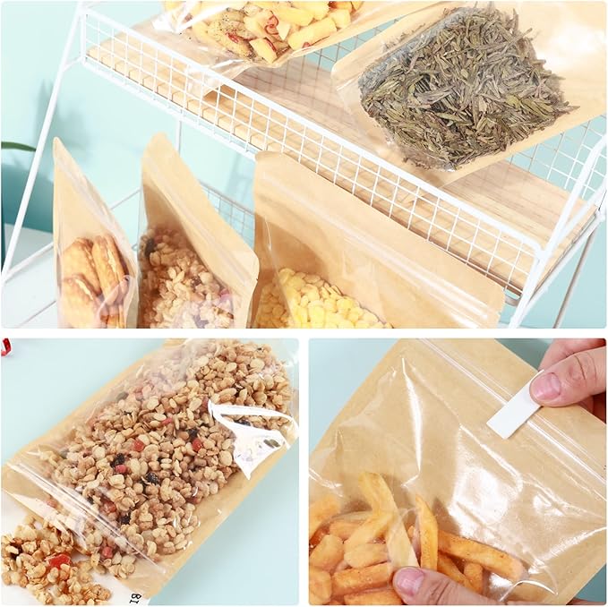 150-pack 5.9” x 8.7” Stand Up Kraft Paper Mylar Bags with Clear Window Resealable Foil Pouches for Food Storage Smell Proof Edible Packaging Bag for Small Business, Bulk