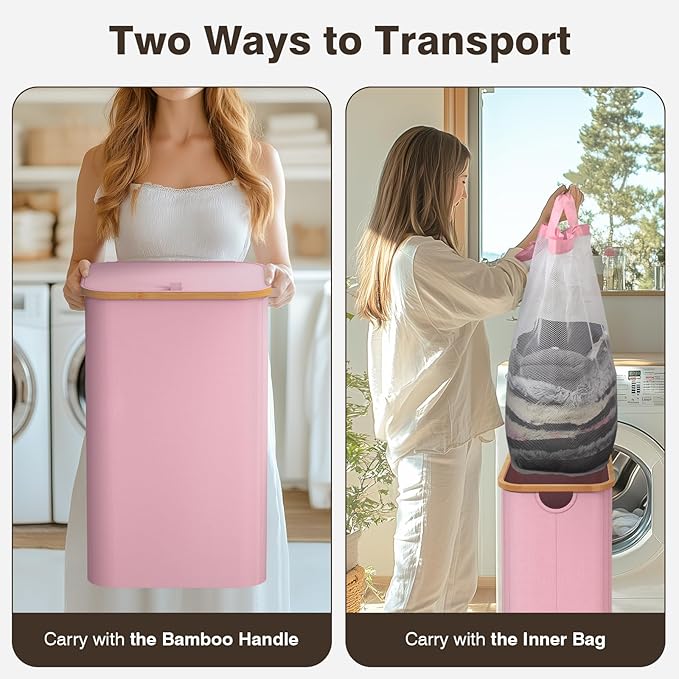 100L Laundry Hamper with Lid, Large Laundry Basket with Bamboo Handles, Clothes Hampers for Laundry with Removable Bag, Dirty Clothes Hampers for Bedroom Aesthetic, Pink