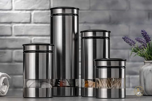 Le'raze Quality Stainless Steel Canister Set of 4 for Kitchen Counter with Glass Window & Airtight Lid - Food Storage Containers with Lids Airtight - Pantry Storage and Organization Set