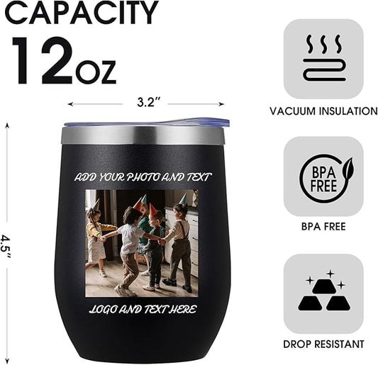 48 Pack Personalized Wine Tumbler,12oz Custom Stainless Steel Coffee Mug,Tumblers with Lids,Customizable with Picture and Names Engraving,Suitable for Woman,Men,Families and Travel