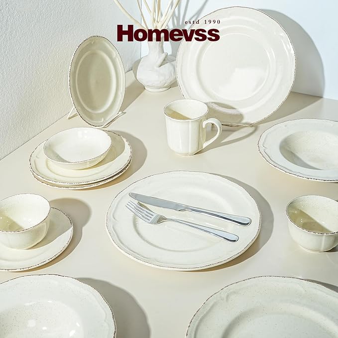 20pc Dinnerware Set, Plate and Bowl Set, Stoneware Dishes Set for 4, Microwave and Dishwahser Safe, Scratch Resistant, French Countryside Speckled Antique Cream