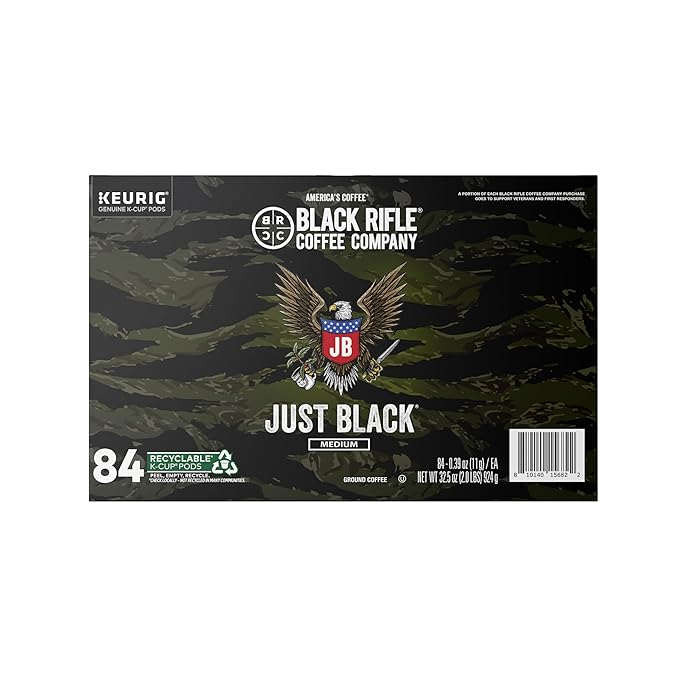 Black Rifle Coffee Company Just Black, 84 Count, Medium Roast K Cups - Single Serve K Cups Coffee Pods - Kcup Pods Compatible with Keurig 1.0 & 2.0 - Made from Arabica Beans