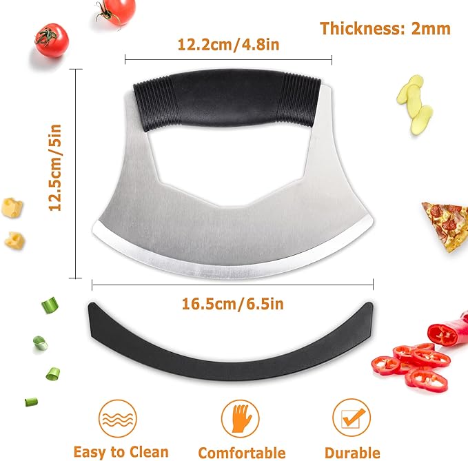 XoYoZo Salad Chopper Mezzaluna Knife with Protective Cover and Anti-Slip Handle - Stainless Steel Vegetable Cutter, Onion Chopper, Pizza Cutter