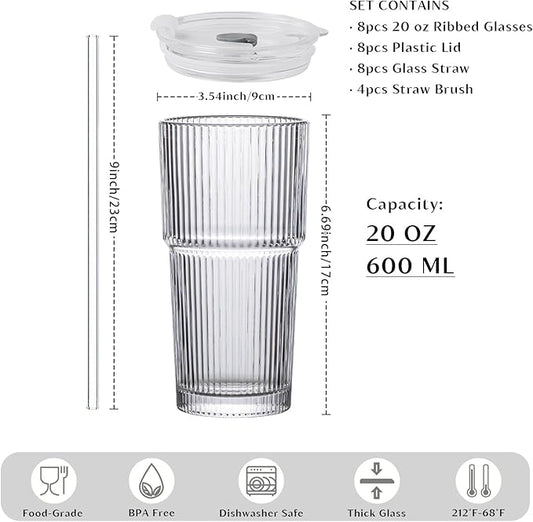 INSETLAN 8-Piece Glassware Set – 20 oz Ribbed Glass Tumblers with Lids and Glass Straws, Heavy-Duty Tumblers, Ideal for Iced Coffee, Smoothies, Cocktails, and Juices – Elegant and Durable Drinkware