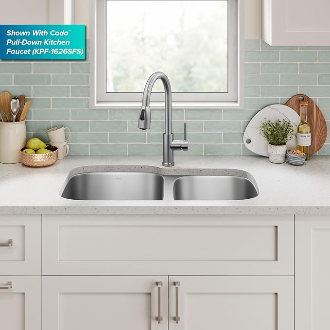 KRAUS Premier 32-inch Undermount 60/40 Double Bowl with Low Divider 18-Gauge Stainless Steel Kitchen Sink with Strainers (x2), KBU24