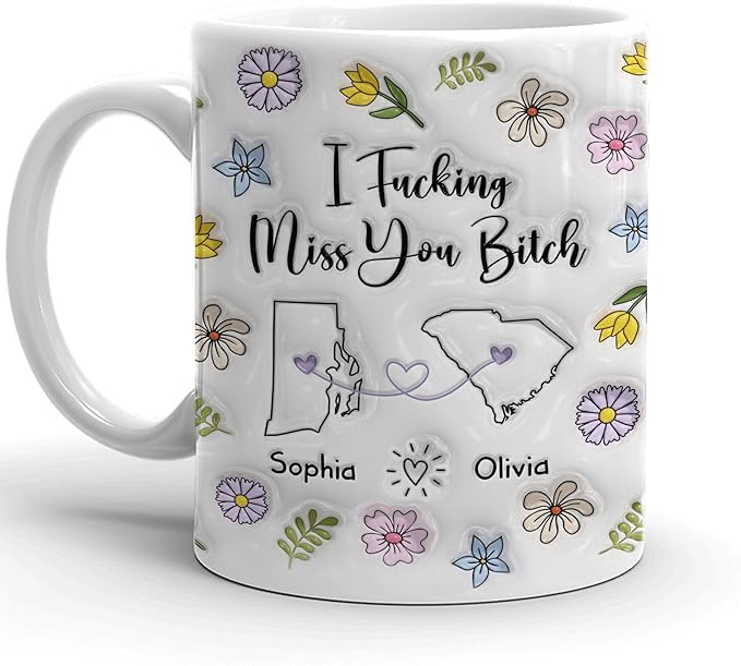 Personalized Long Distance Mug, Custom State To State Funny Mug With Name, Floral Decorations Mugs, Funny Mug Gifts For Sister Friends Couples, Gifts For Mommy Daddy From Son Daughter