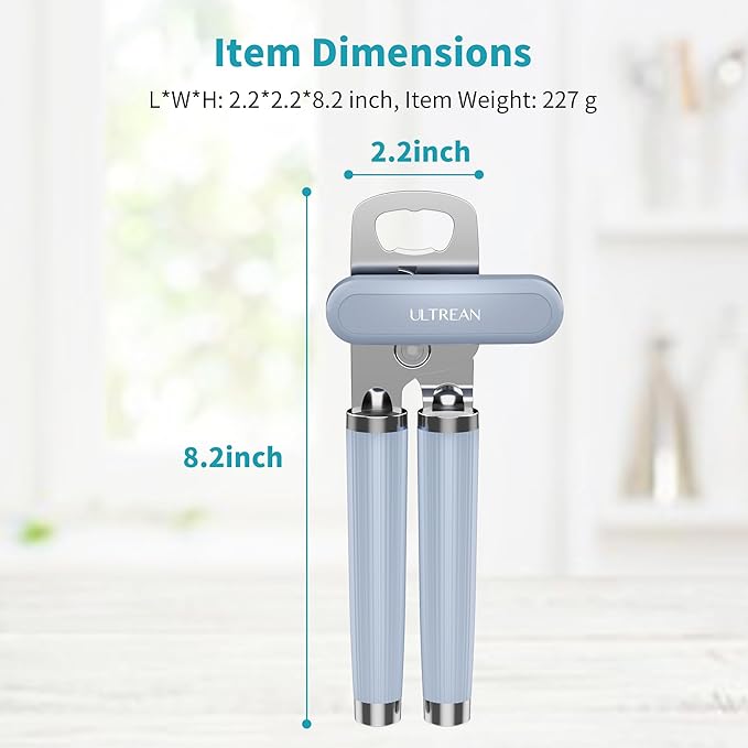 Ultrean Manual Can Opener Bottle Opener, Heavy Duty Stainless Steel Smooth Edge Manual Hand Held Can Opener With Soft Touch Handle, Rust Proof Oversized Handheld Easy Turn Knob (Blue)