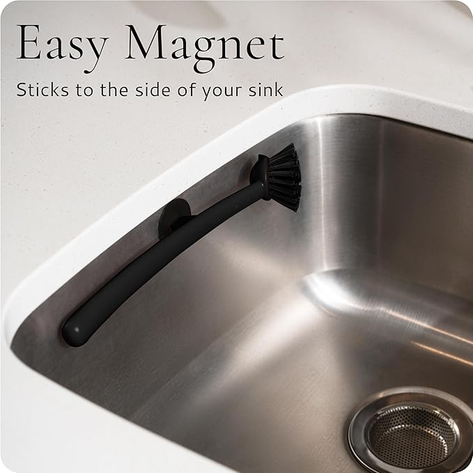 Earth & Mango Magnetic Dish Brush – Dish Scrubber with Built-in Scraper – Snaps to Sink, Dries Fast, Declutters Your Counter (Onyx Black)