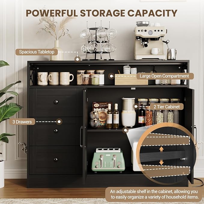 OUTLANE 47In Large Buffet Cabinet, Modern Farmhouse Sideboard with 3 Drawers, Wood Cupboard Storage Pantry Cabinet with 2 Barn Doors&Adjustable Shelf, Storage Cabinet for Living Room, Kitchen, Black