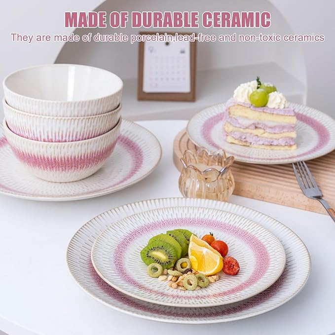 Dinnerware Set Pink Stoneware 12 Pieces Service for 4, Stoneware Plates and Bowls Set, Dishwasher Microwave Safe Dishes set