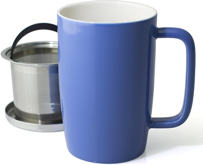 FORLIFE Dew Glossy Finish Brew-In-Mug with Basket Infuser & "Mirror" Stainless Lid 18 oz., Blue