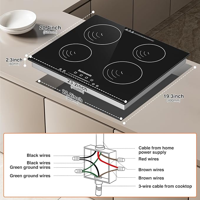 24 Inch Induction Cooktop 4 Burners, 6600W Built-in Induction Stovetop, 4 Power Boost Burners Electric Cooktop, Child Lock, 9 Power Levels, Timer, Touch Control 220-240V Hard Wire